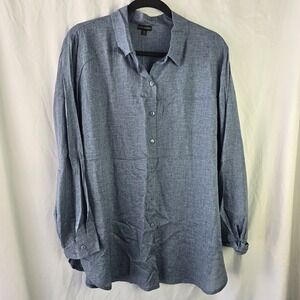 Coco + Carmen S / M Blue Linen Blend Long Sleeve Button Up Shirt Quiet Luxury